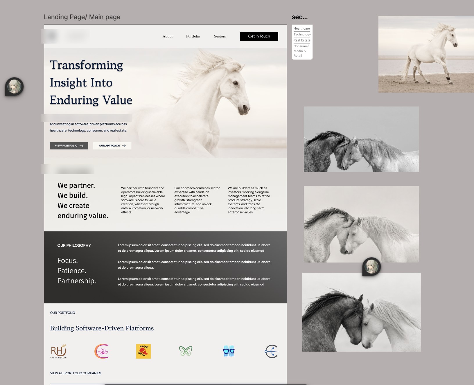 The full Figma canvas showing the prototype hero and the horse-imagery moodboard explored for the rebrand