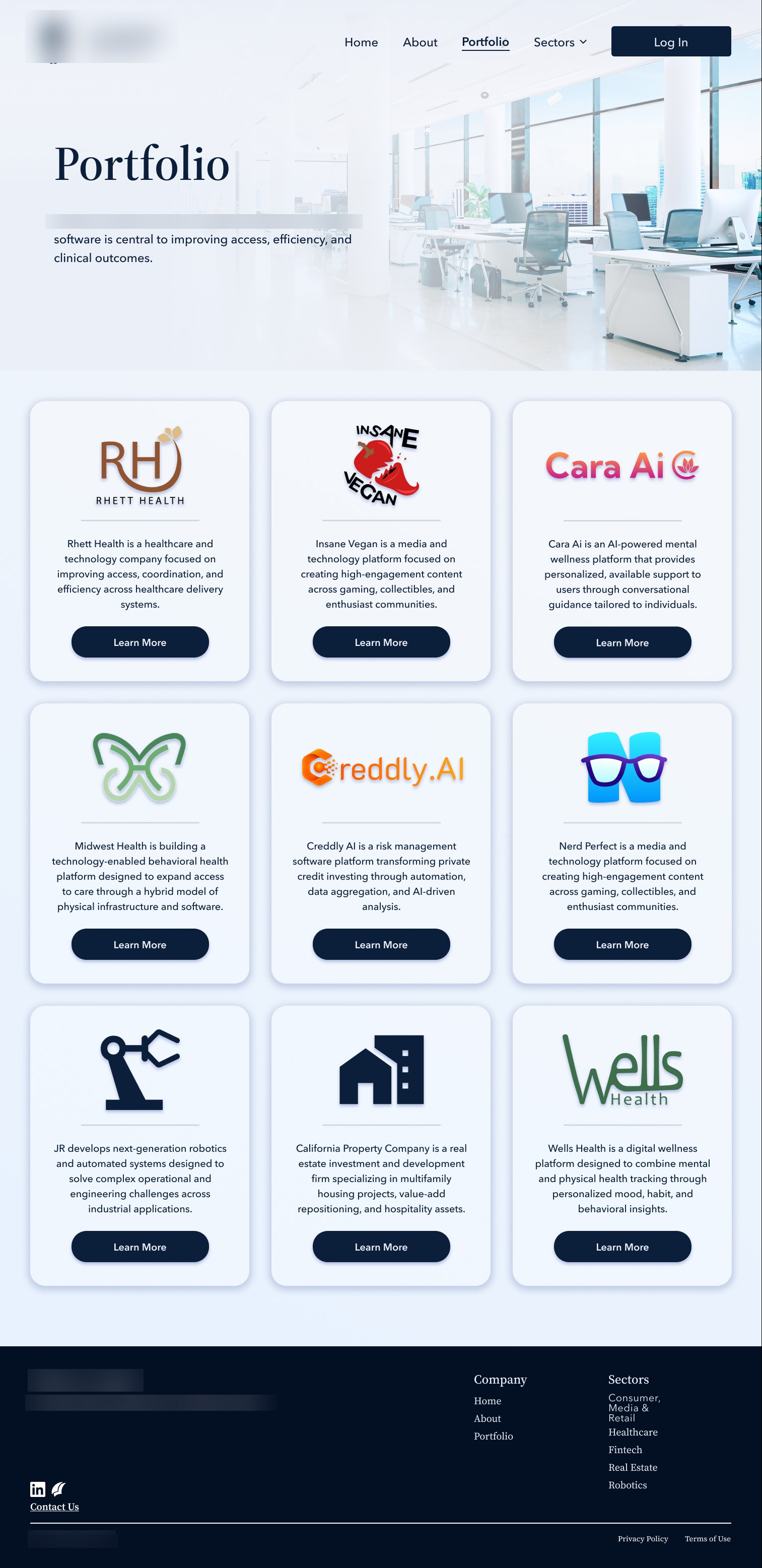 The redesigned portfolio page, with the company name and logo blurred