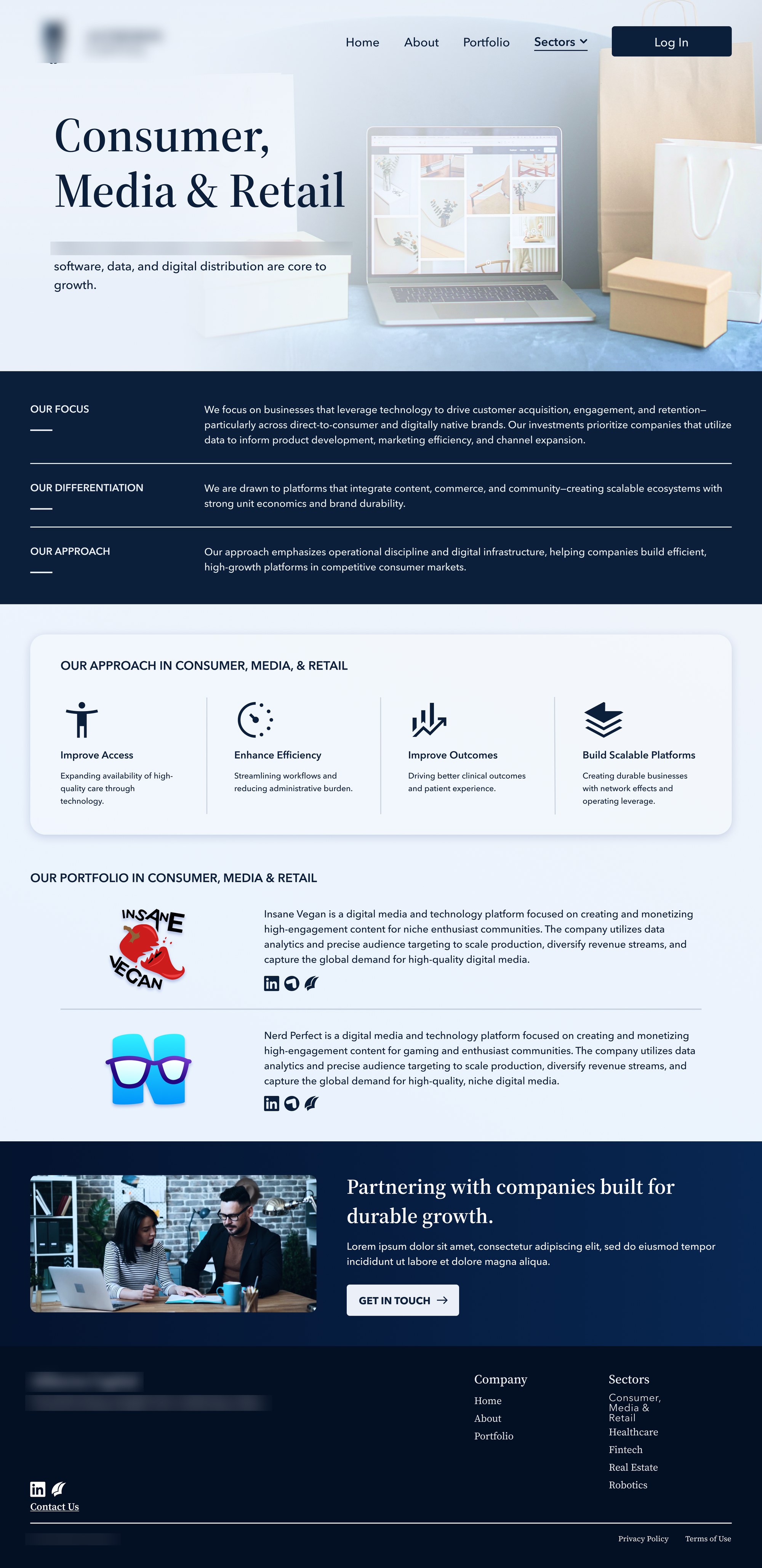 A redesigned sector page, with the company name and logo blurred