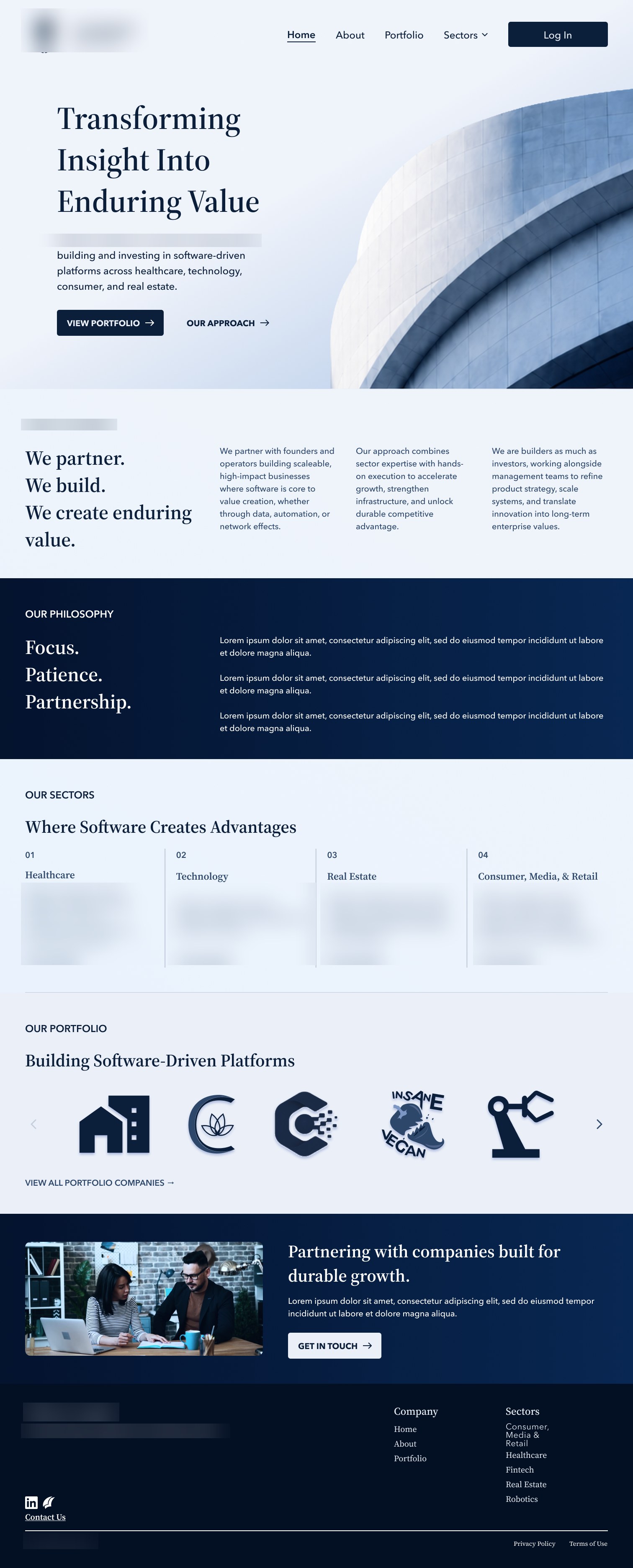 The redesigned home page, with the company name and logo blurred