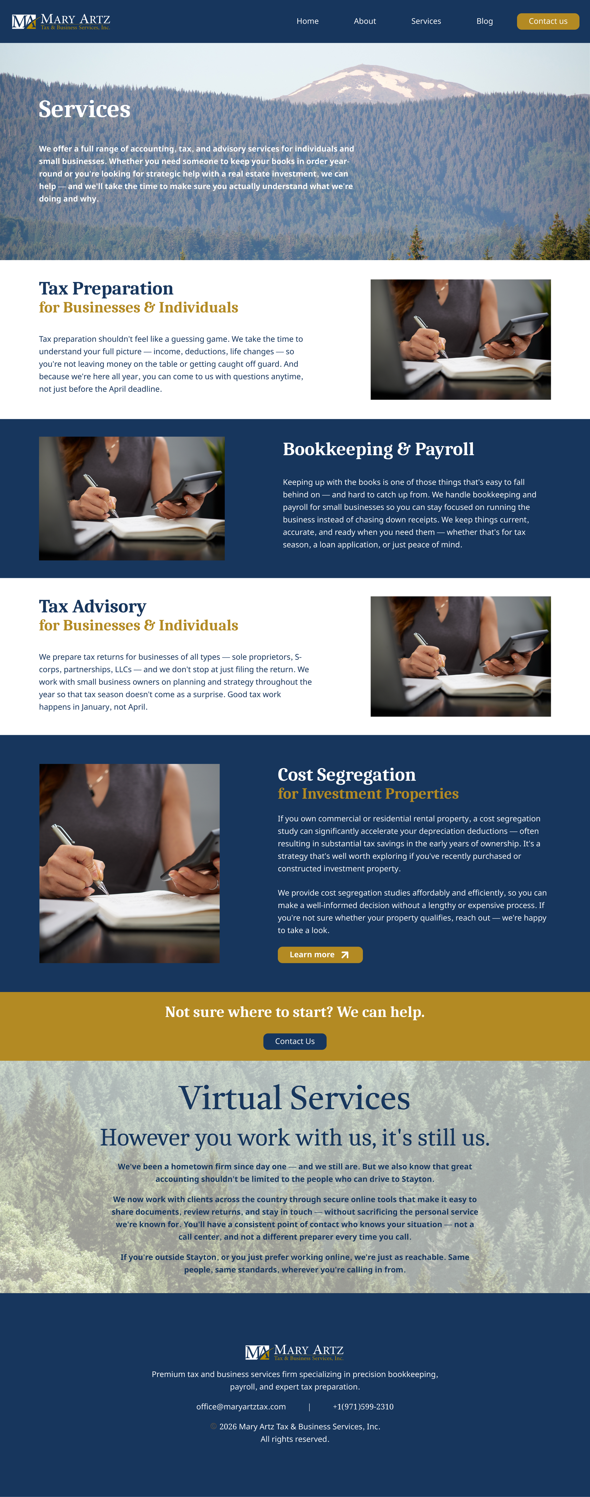 Mary Artz Tax new website services page, including the cost segregation estimate widget
