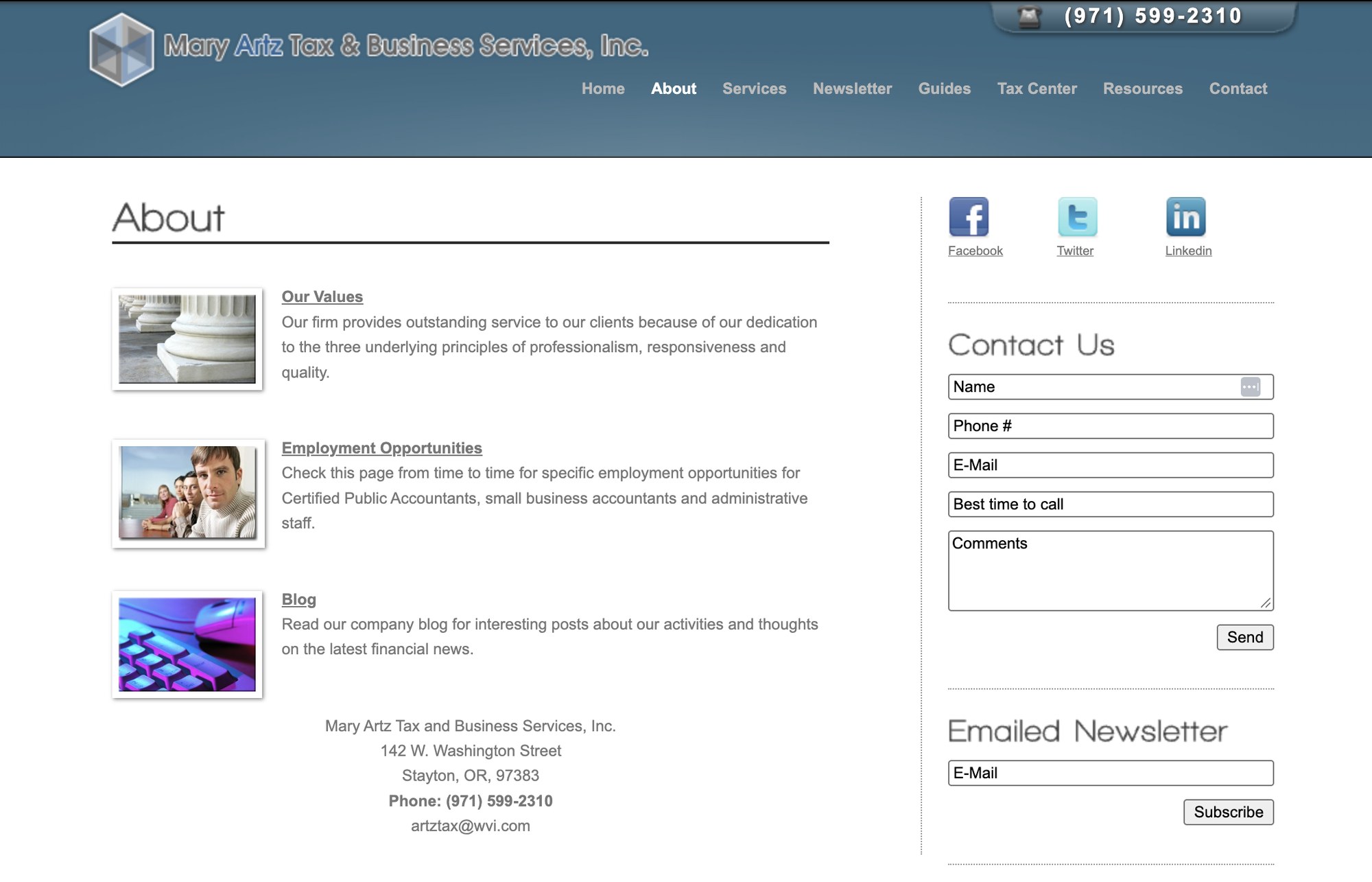 Old Mary Artz Tax website about page