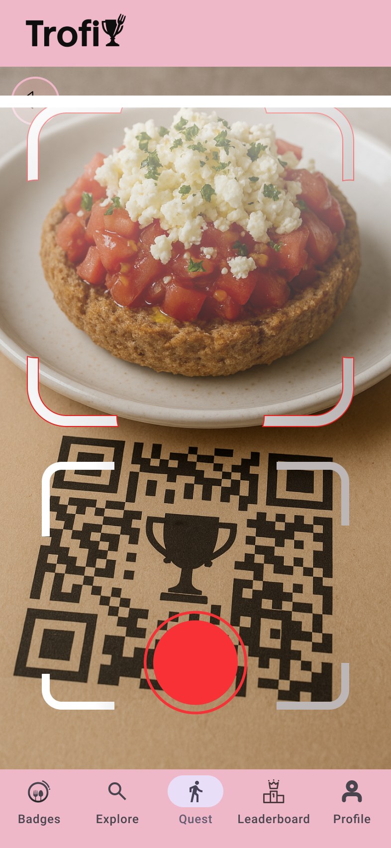 Camera view scanning a dish and QR code on a placemat