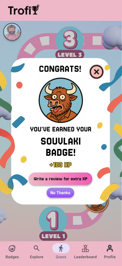 Trofi congratulations screen after earning a badge