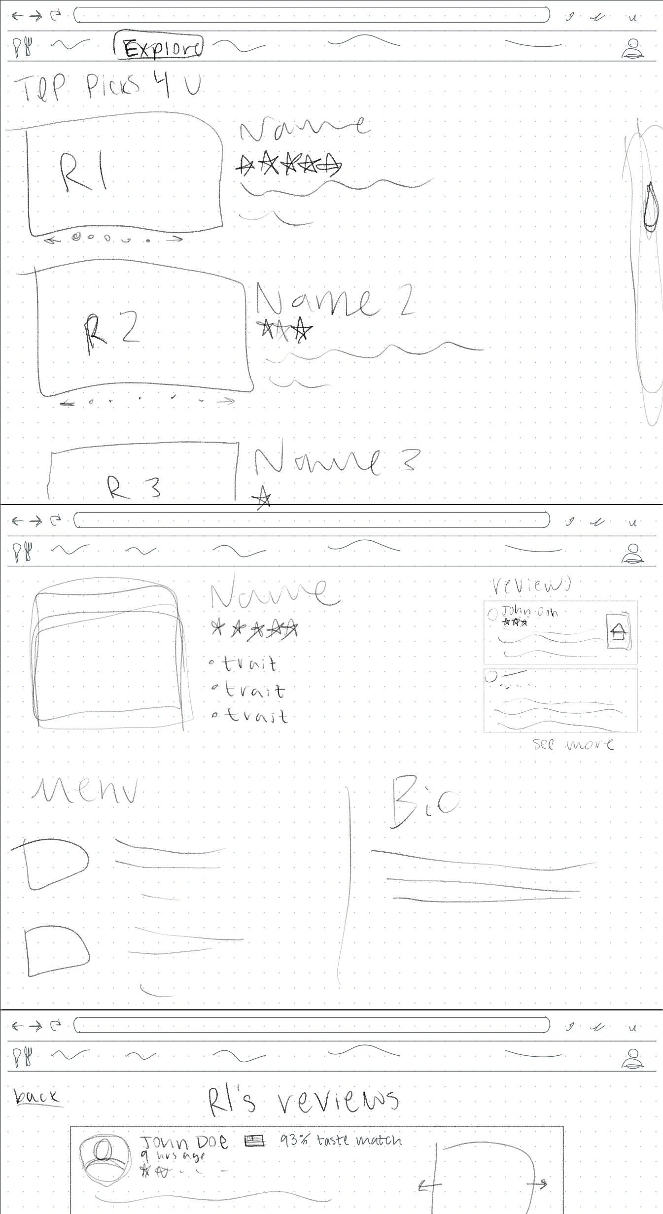 Early wireframe sketch of the Explore page, a restaurant profile, and its reviews