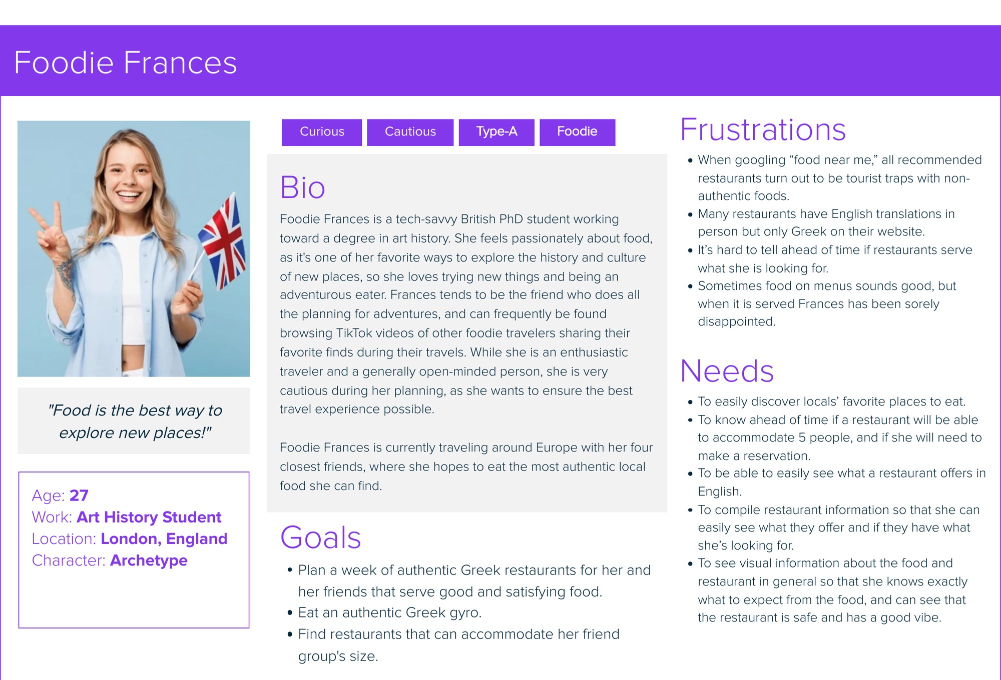 Foodie Frances persona document detailing her bio, goals, frustrations, and needs