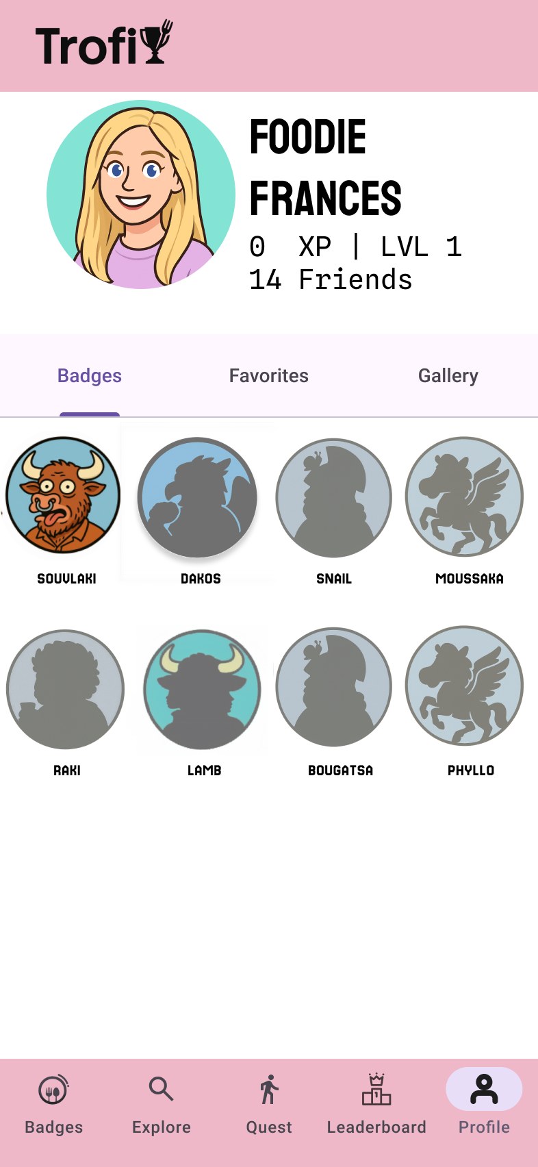 Foodie Frances's in-app profile, showing her badge collection