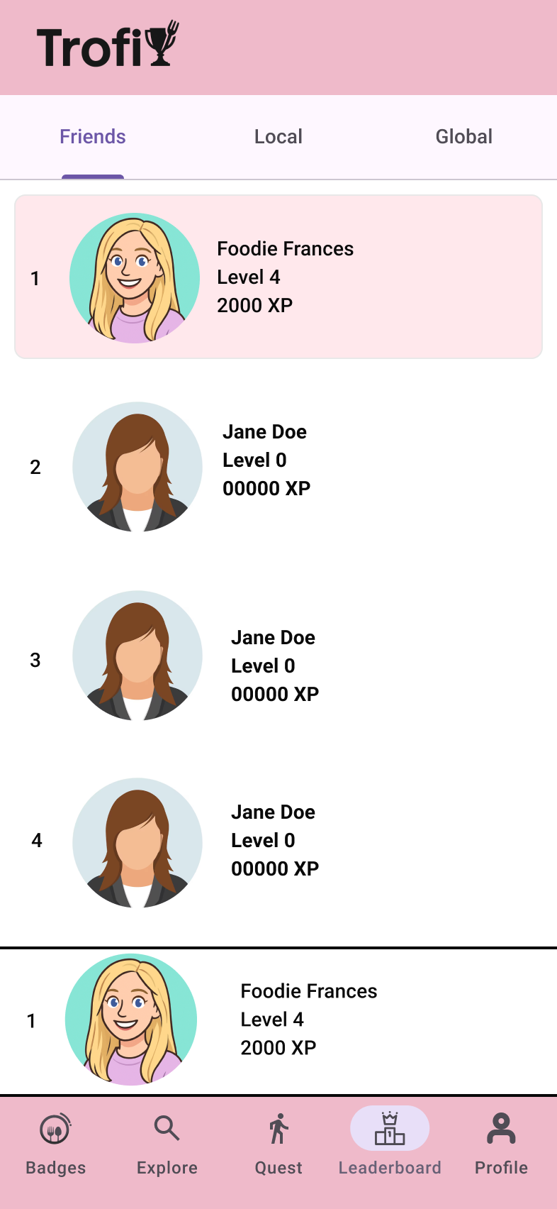 Leaderboard screen ranking friends by XP