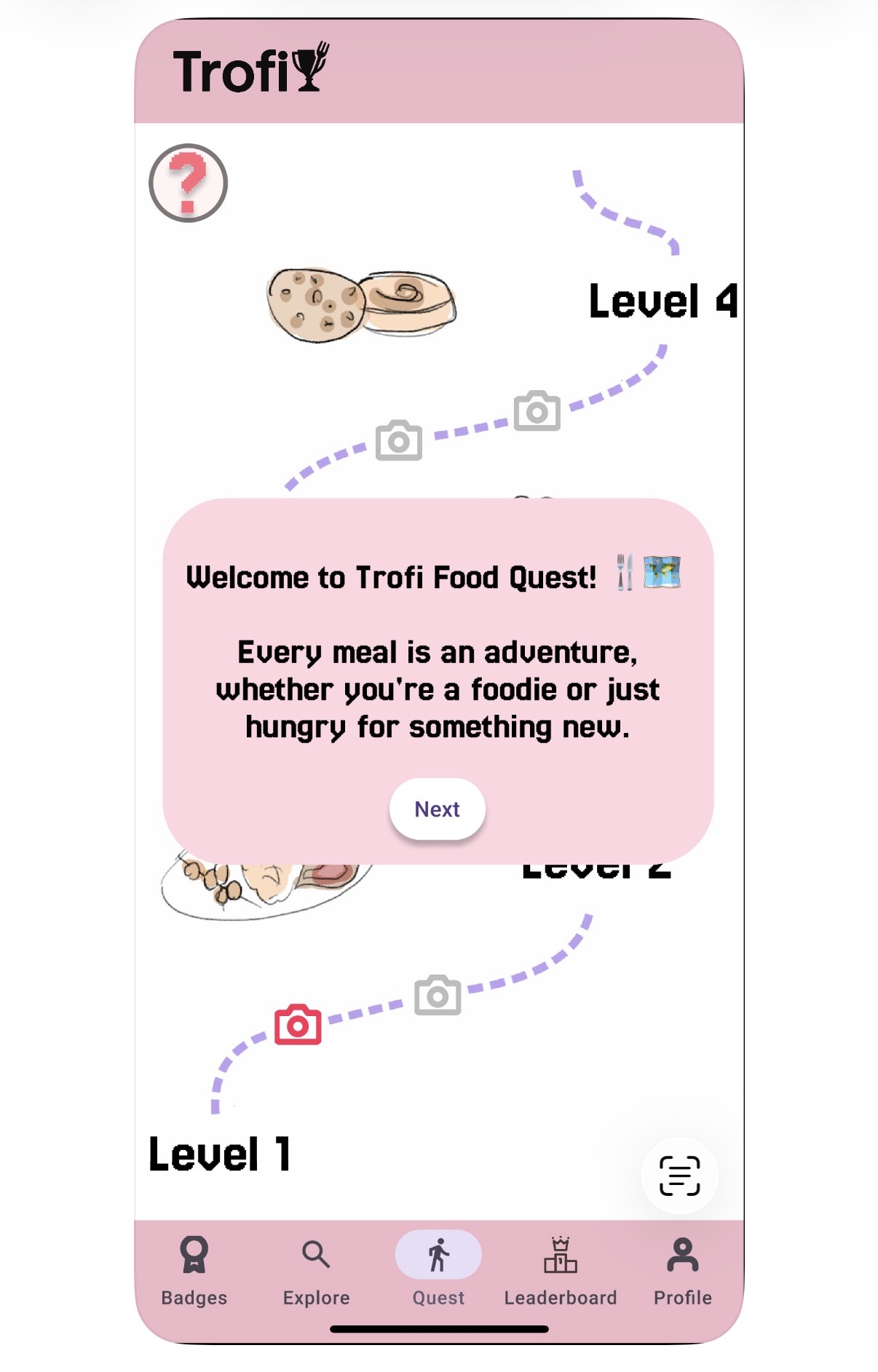 Slightly higher-fidelity wireframe of the quest map's onboarding overlay