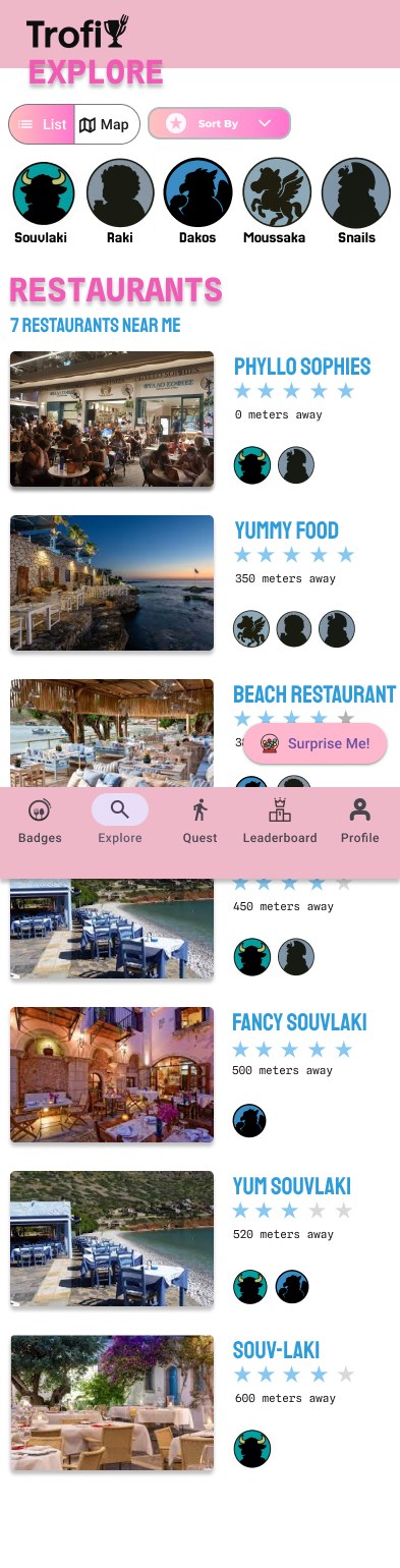 Trofi explore page listing nearby partner restaurants