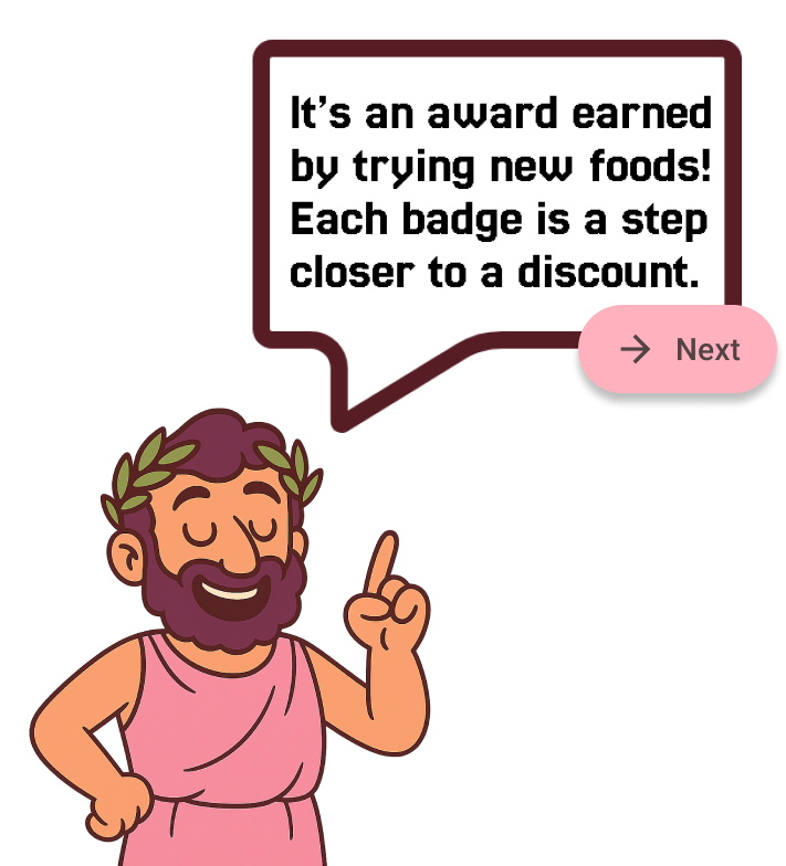 The Trofi guide character explaining what a badge is, from the onboarding sequence