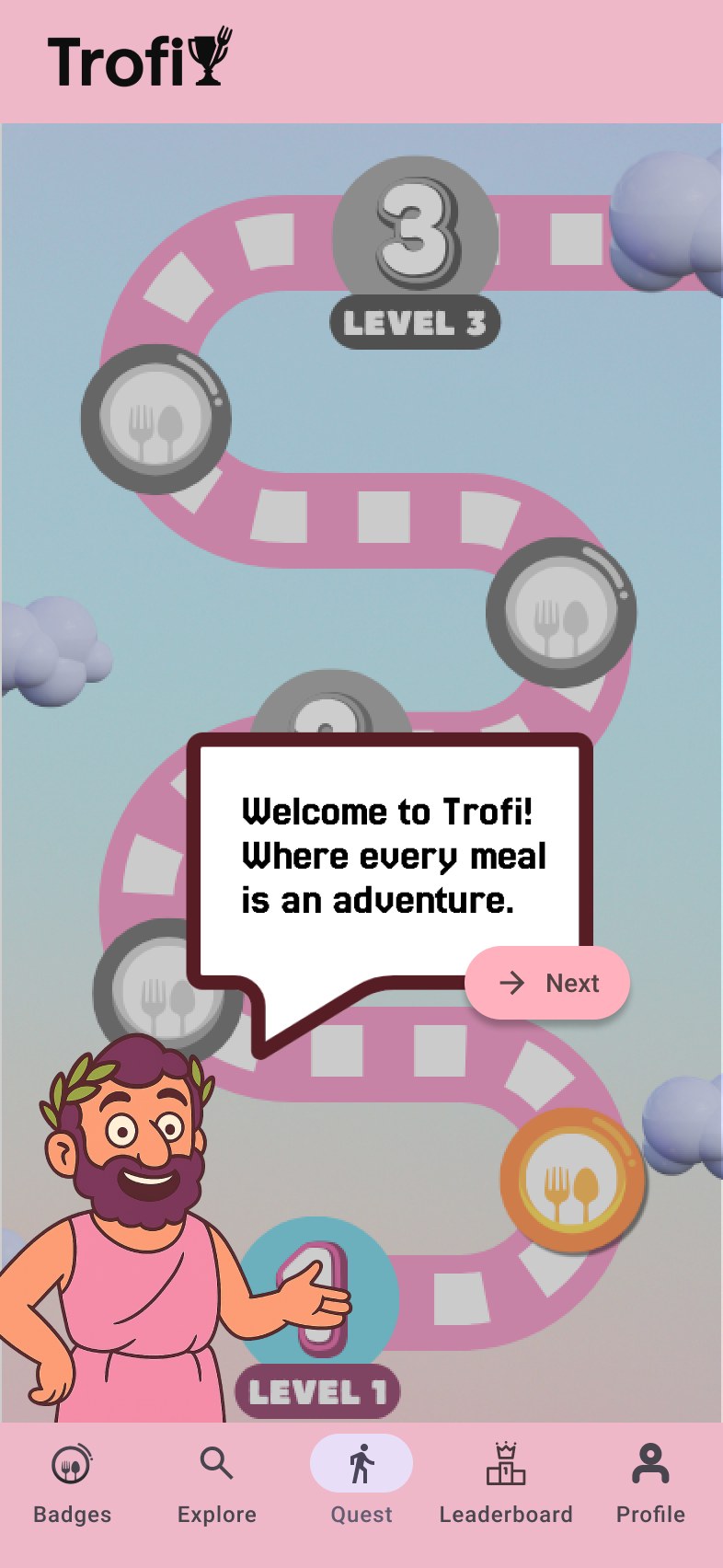 Trofi onboarding screen: the guide character welcomes the user to Trofi