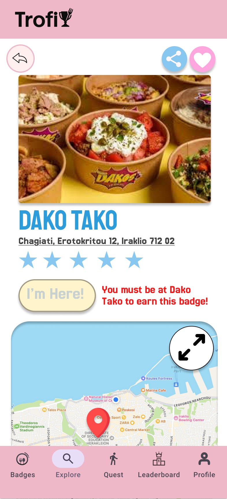 Trofi restaurant page showing the disabled 'I'm Here' button with a message explaining the user must be at the restaurant to earn the badge