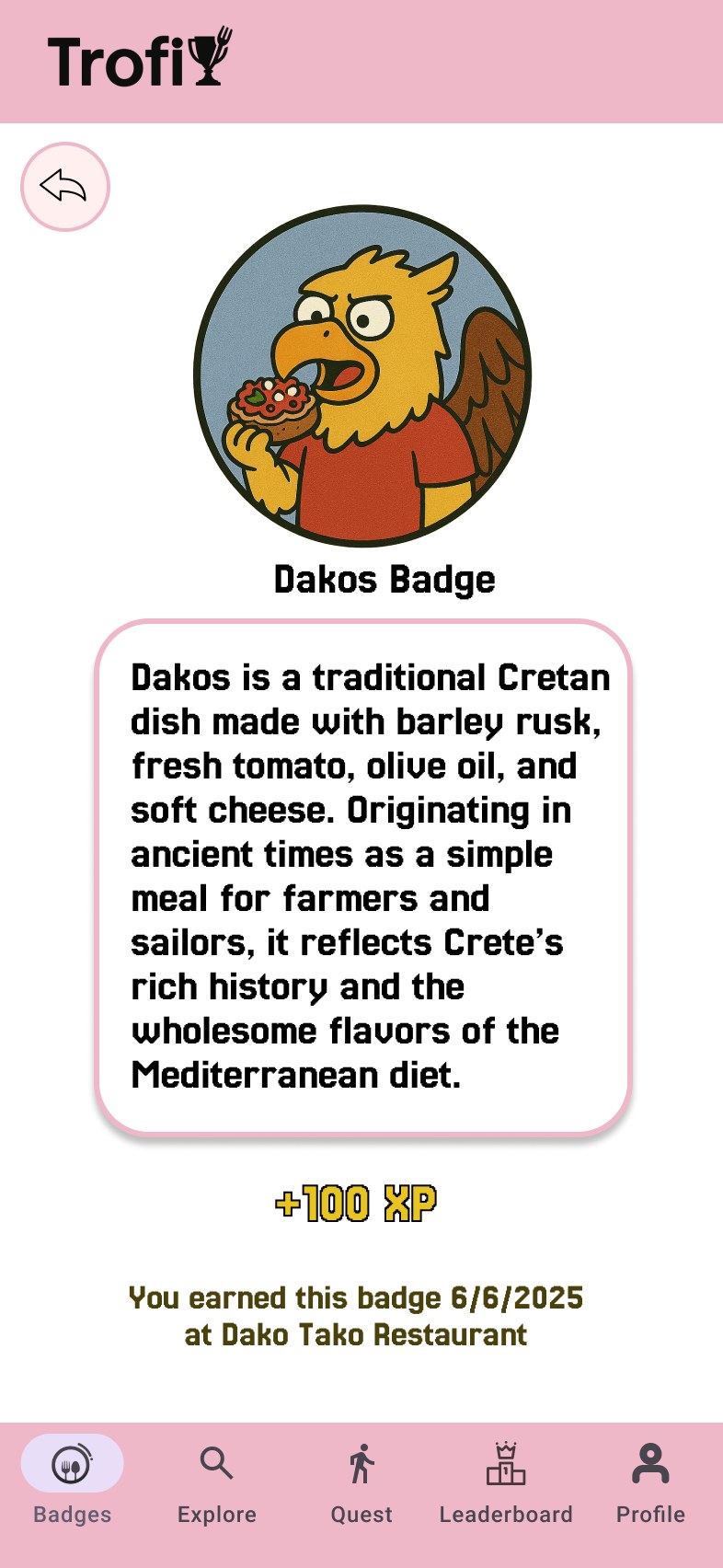 Trofi screen confirming the Dakos badge has been earned