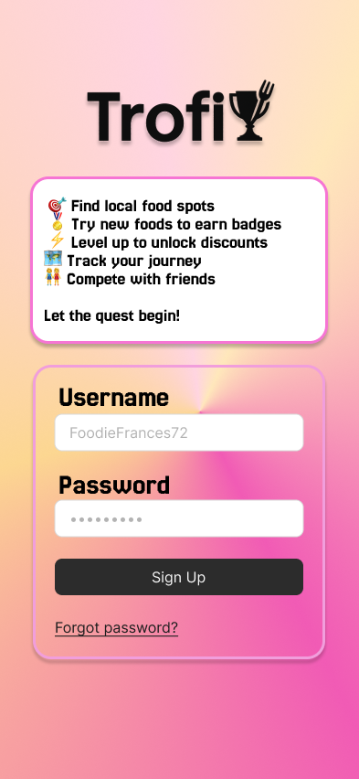 Trofi sign-up screen with username and password fields